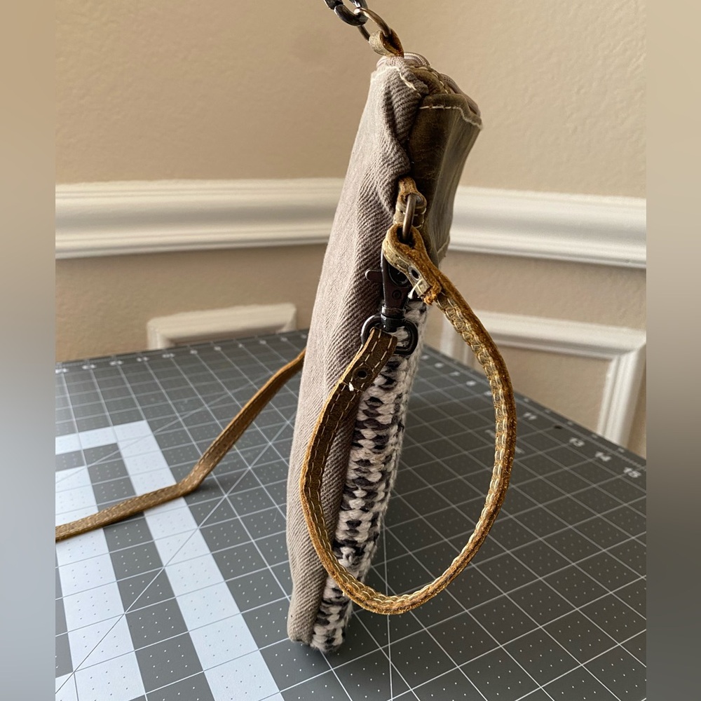 Myra Crossbody Bag Upcycled Tweed Gray Brown Cream Fall Western Leather Wristlet - Picture 10 of 15